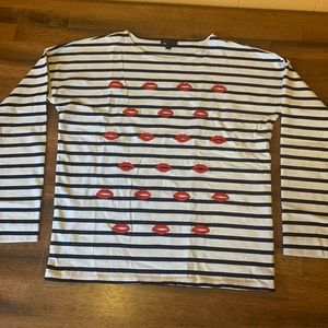 J.Crew top women’s large navy white stripes w/ red embroidered lips crewneck